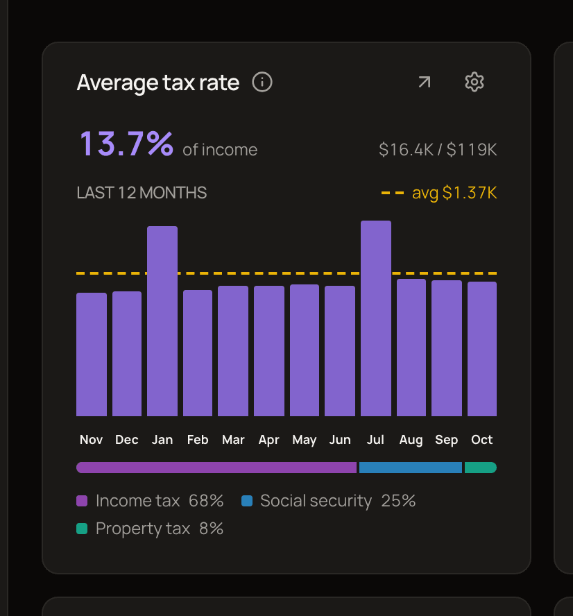 The Average tax rate widget showing the rate as a share of income, taxes and income totals, twelve monthly bars with a dashed average line, and a breakdown bar by tax category.